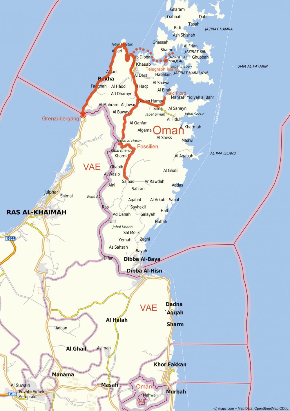 Routen durch Musandam (zum Vergrößern anklicken)