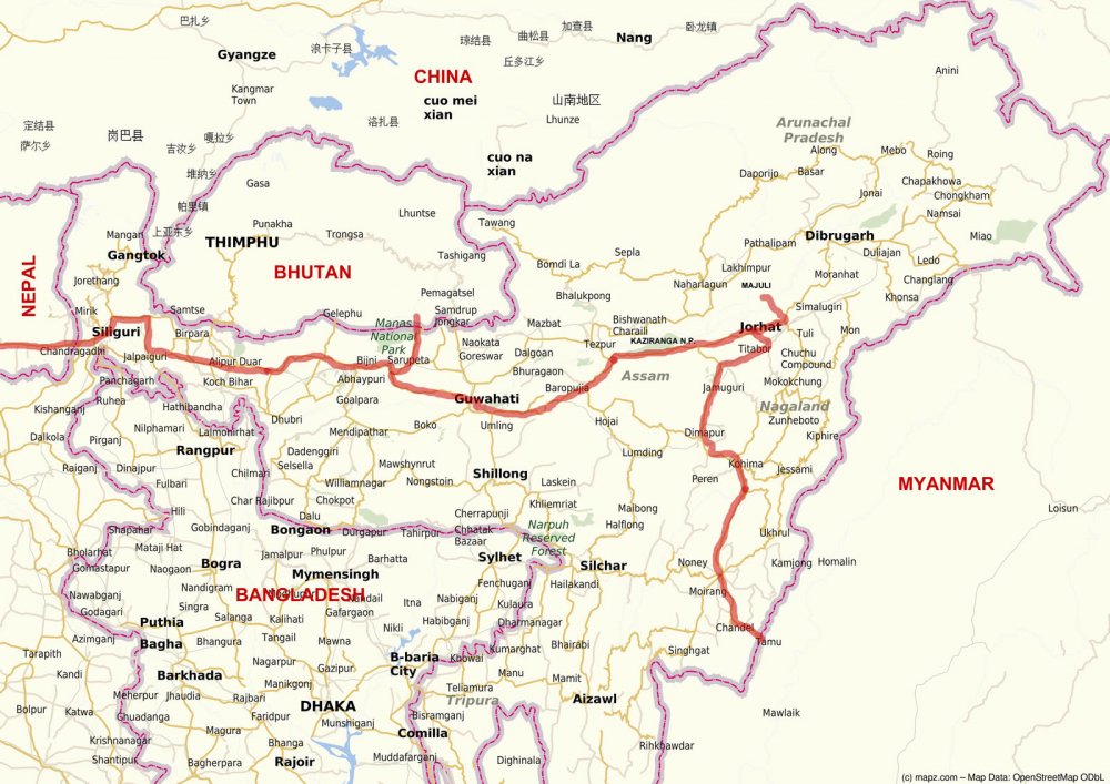 Route durch Nordostindien